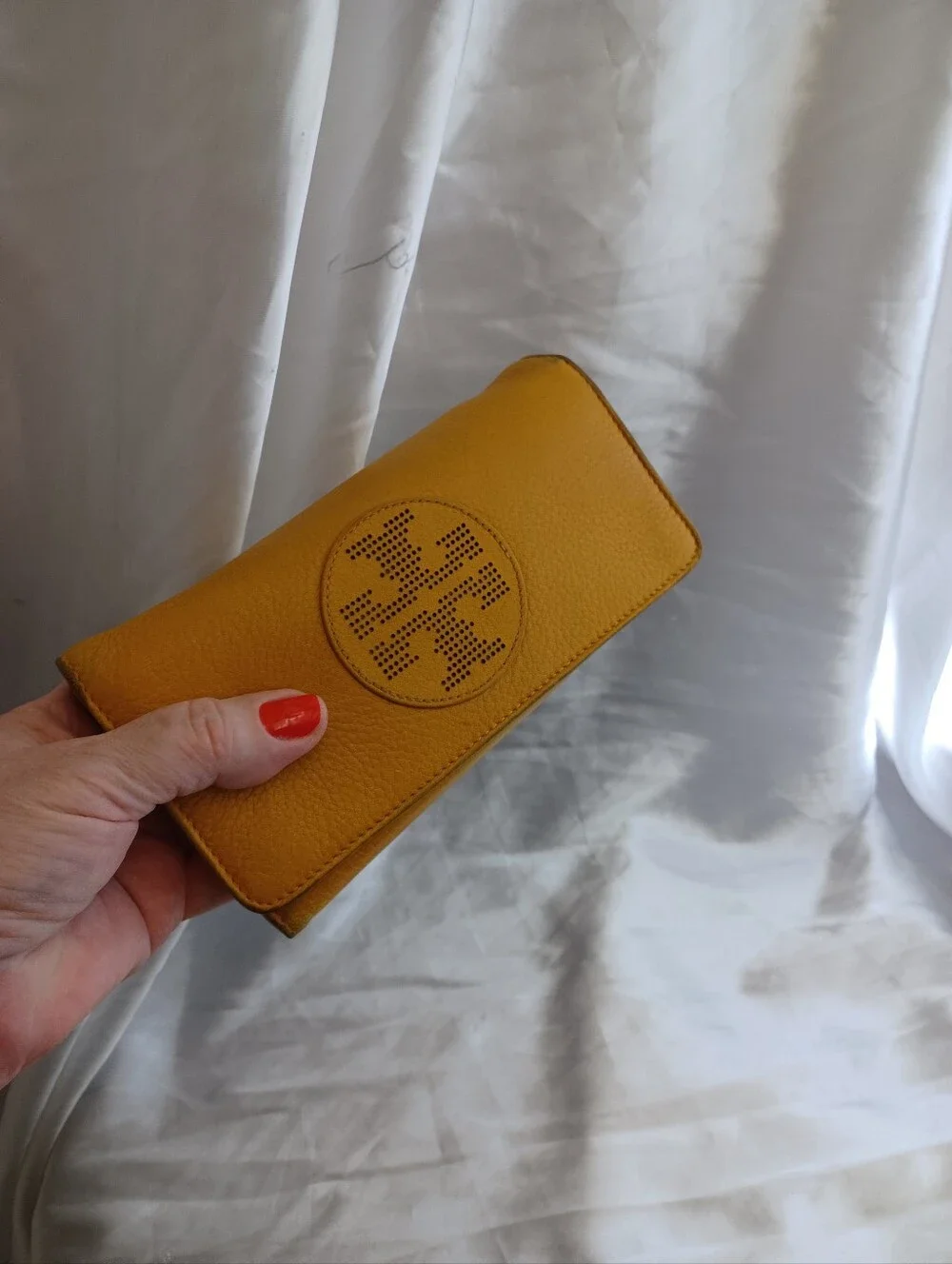 Tory Burch Marion Perforated Leather Zip Continental Wallet in a Mustard Yellow